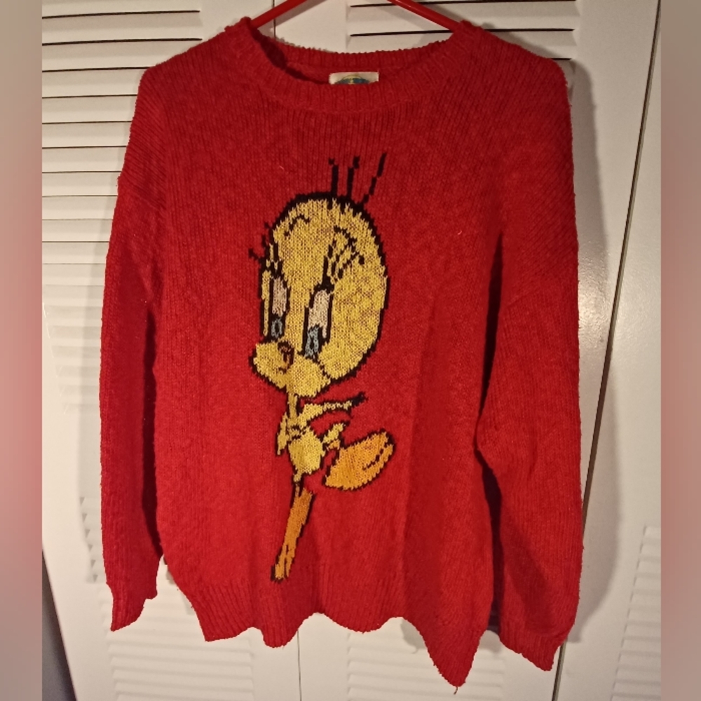 Tweety Bird Looney Tunes Sweater Red Vintage Size Large